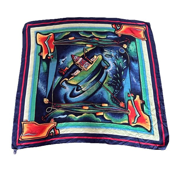 Conoco 100% Silk Scarf Nautical Theme  Made In Italy 33x33in - Picture 1 of 5